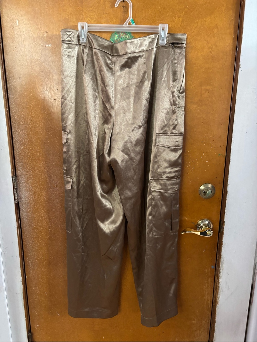 Tan satin cargo pants. Size 14